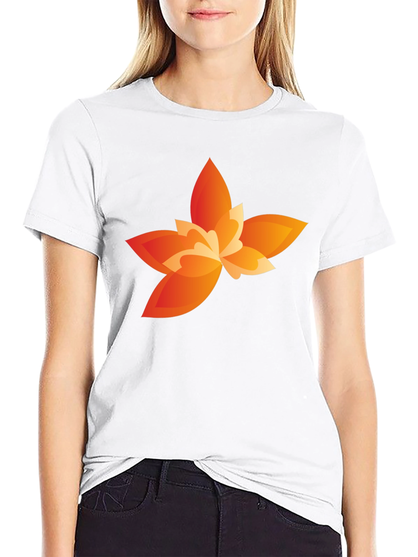 Modern Orange Flower Graphic Black T-Shirt