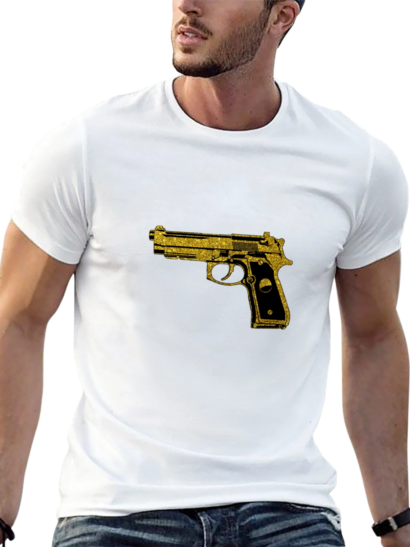 Black T-Shirt with Gold Gun Graphic
