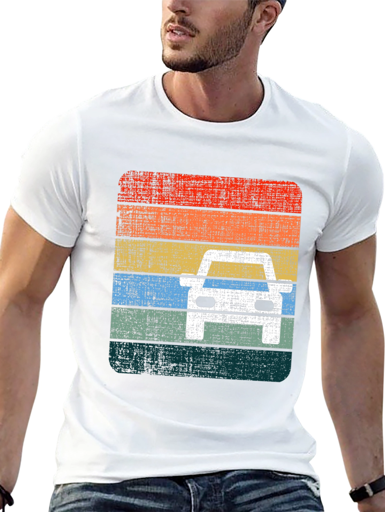 Retro Car Graphic Tee - Distressed Stripe Design