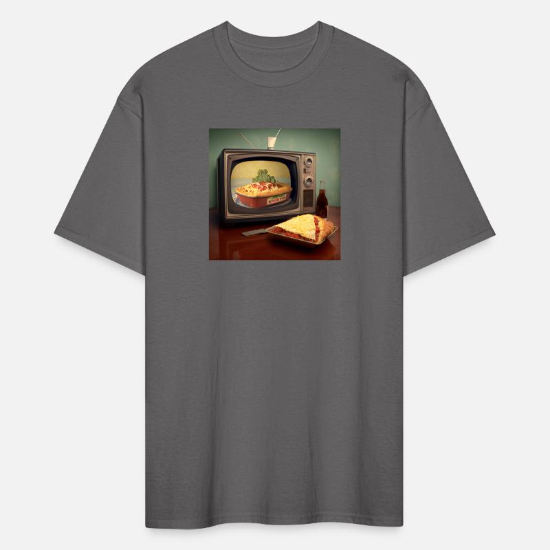 A pizza sitting on top of a pan to a television
