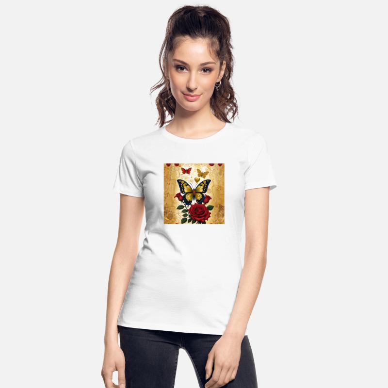 Elegant golden butterfly with blooming red roses
