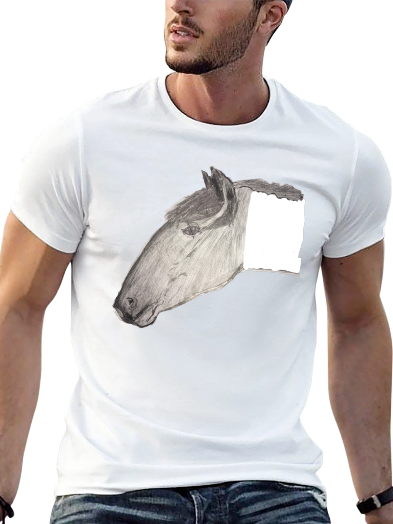 Black T-Shirt with Horse Sketch Design