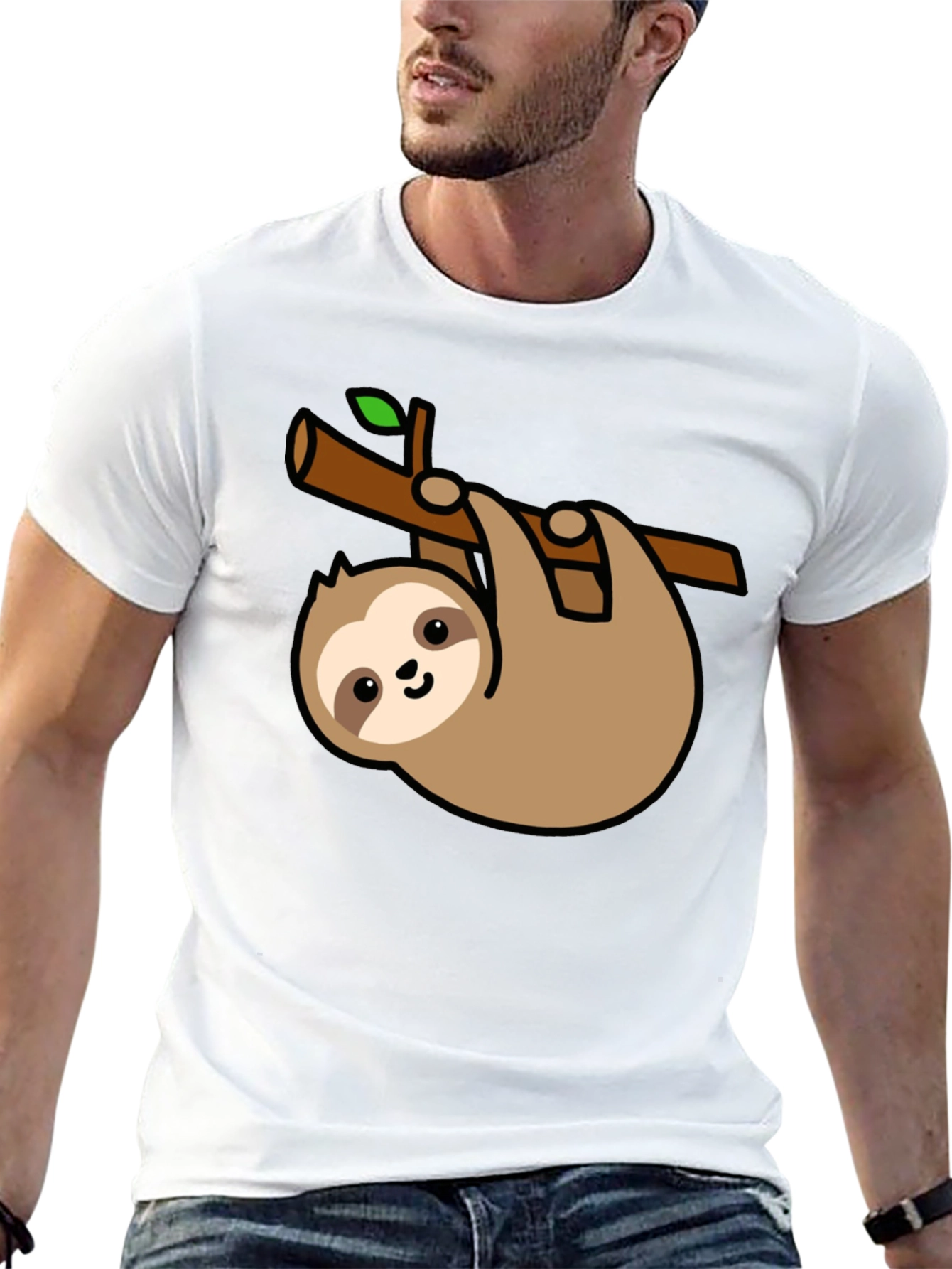 Cute Sloth Hanging on Branch Black T-Shirt