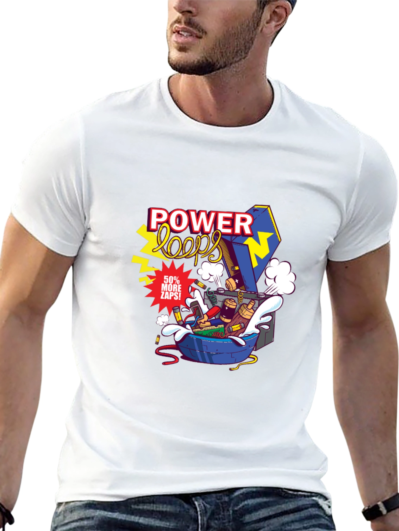 Power Loops Black Graphic Tee - Electric Cartoon Design