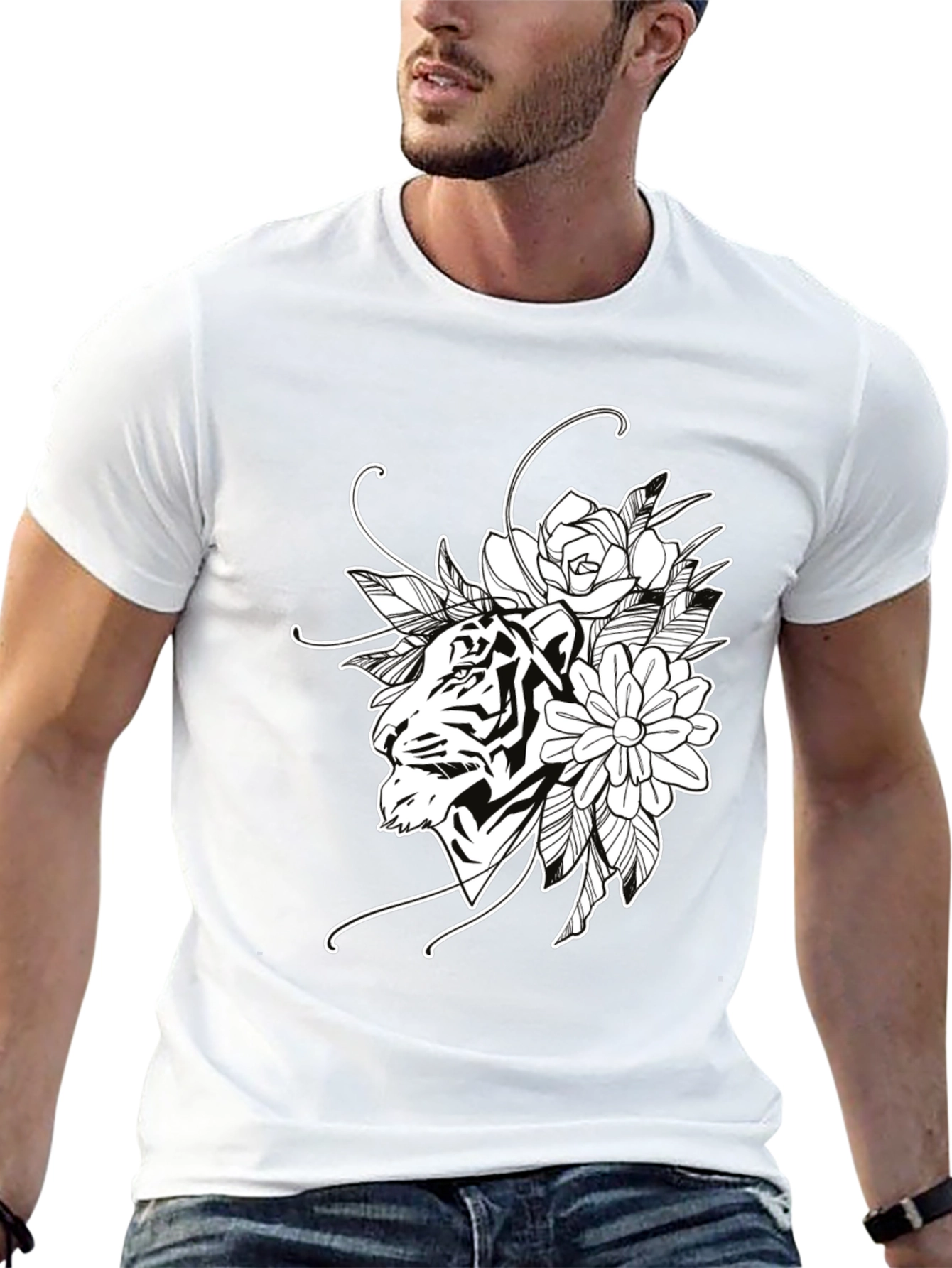 Tiger Floral Print Black Cotton T-Shirt