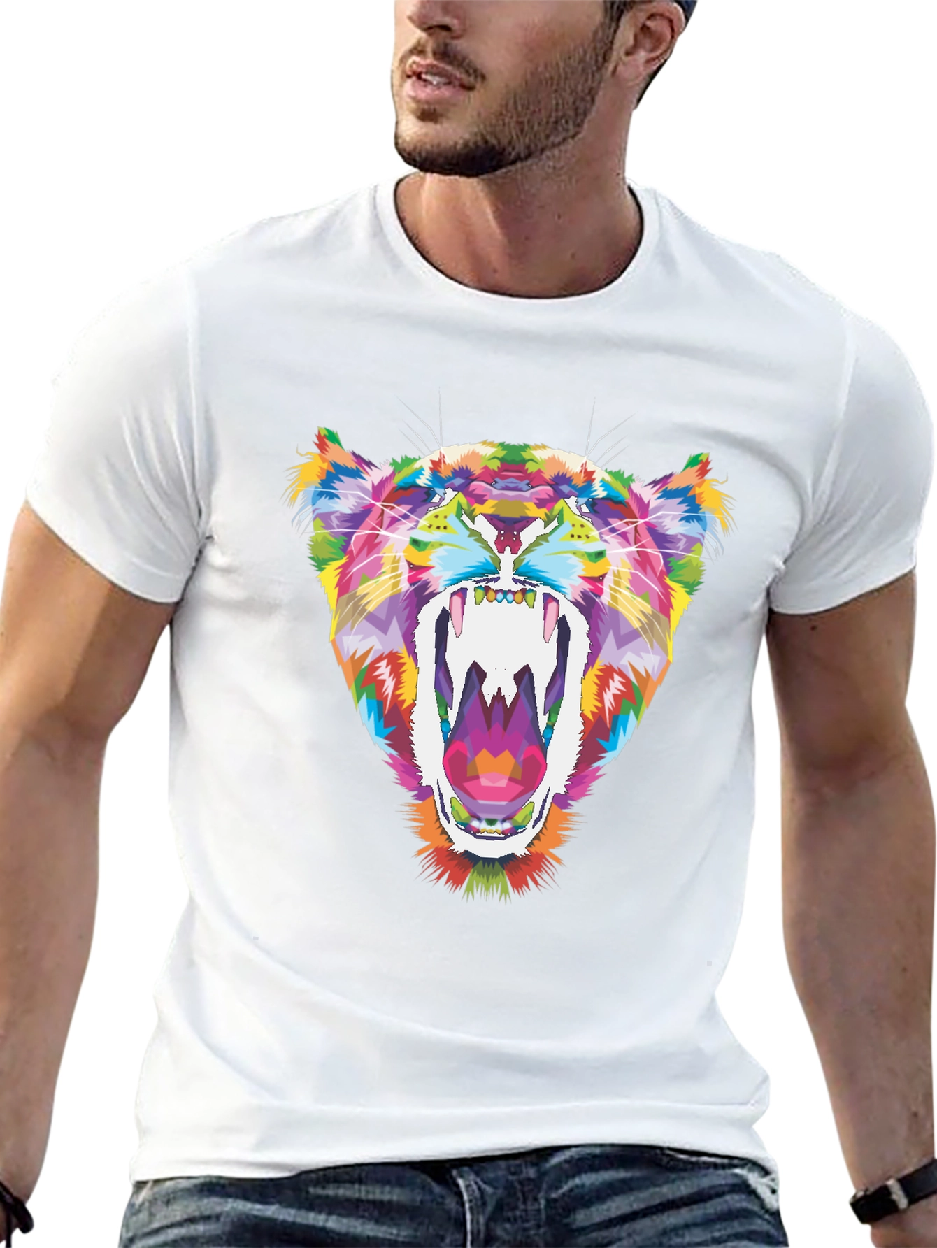 Vibrant Geometric Tiger Graphic Tee - Black