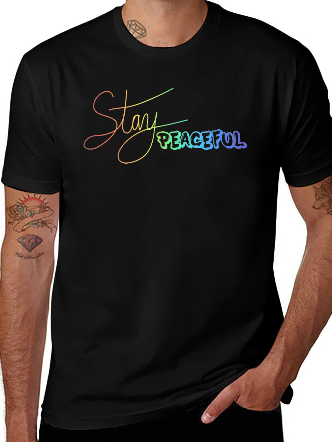 Stay Peaceful T-Shirt - Rainbow Text Graphic Tee