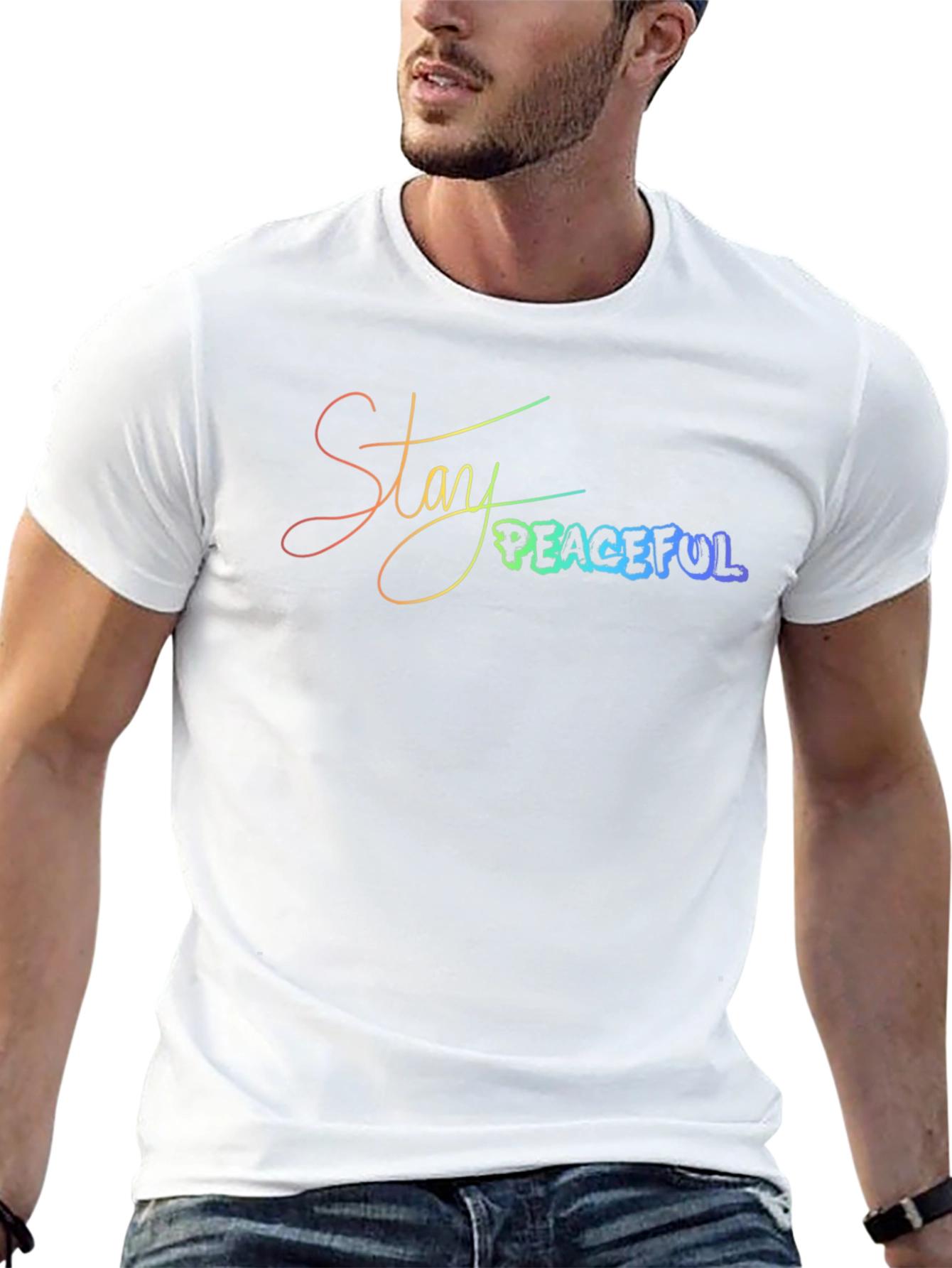 Stay Peaceful T-Shirt - Rainbow Text Graphic Tee