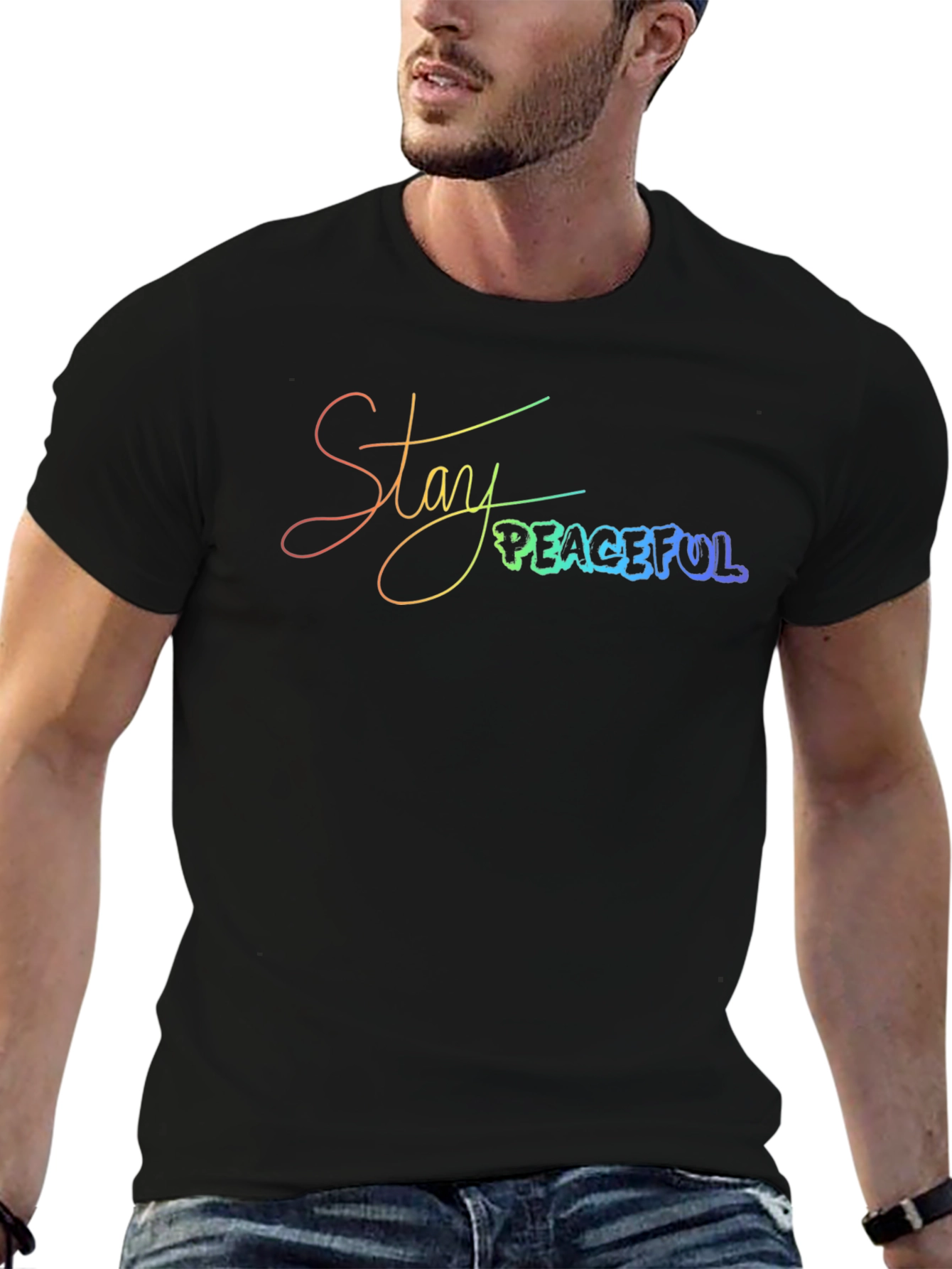 Stay Peaceful T-Shirt - Rainbow Text Graphic Tee