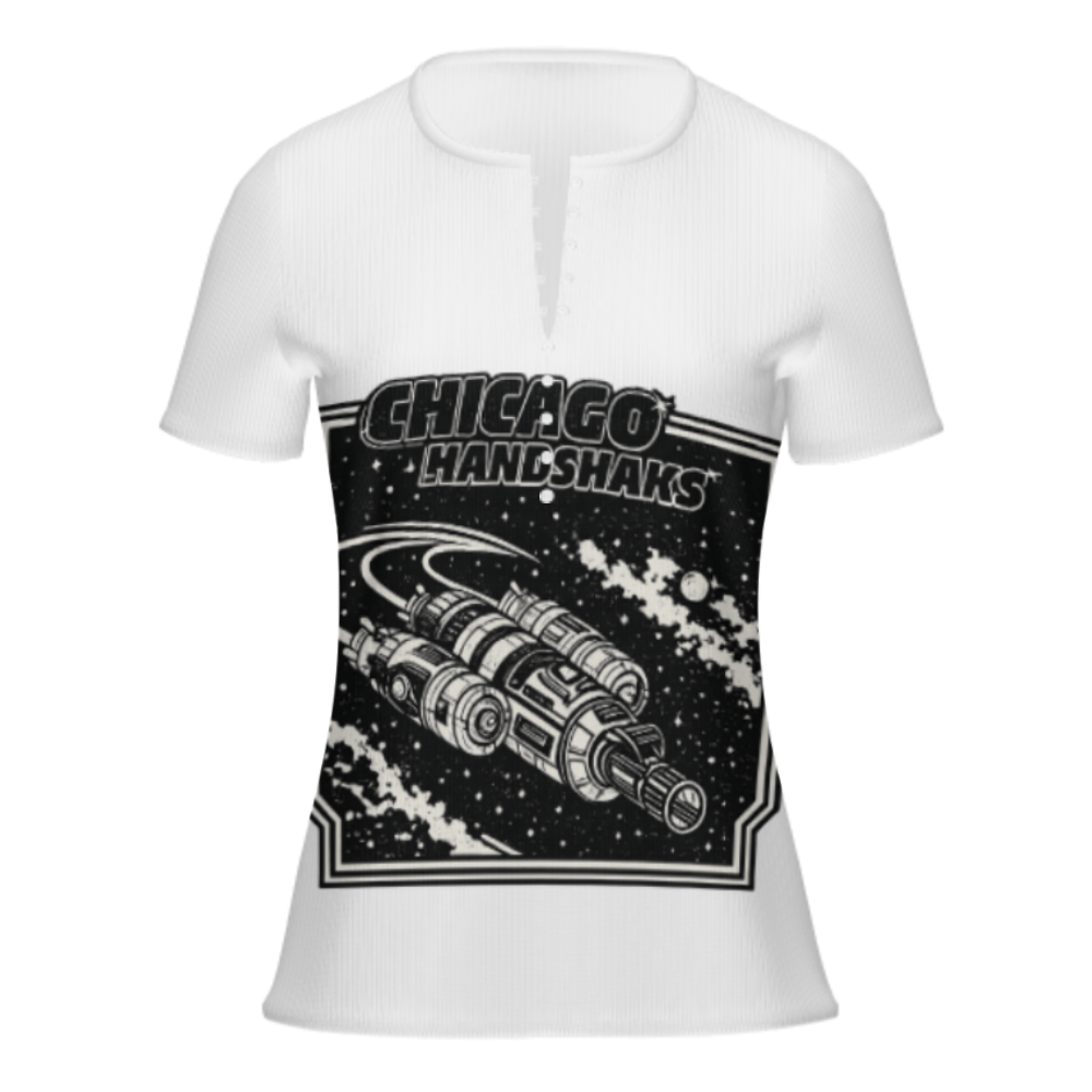 Chicago Handshaks Retro Spacecraft Tee – Vintage Sci-Fi Graphic Shirt for Women(z460)