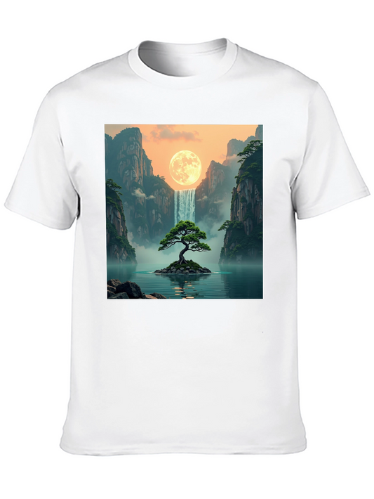 Waterfall Moon Bonsai Tree Graphic T-Shirt