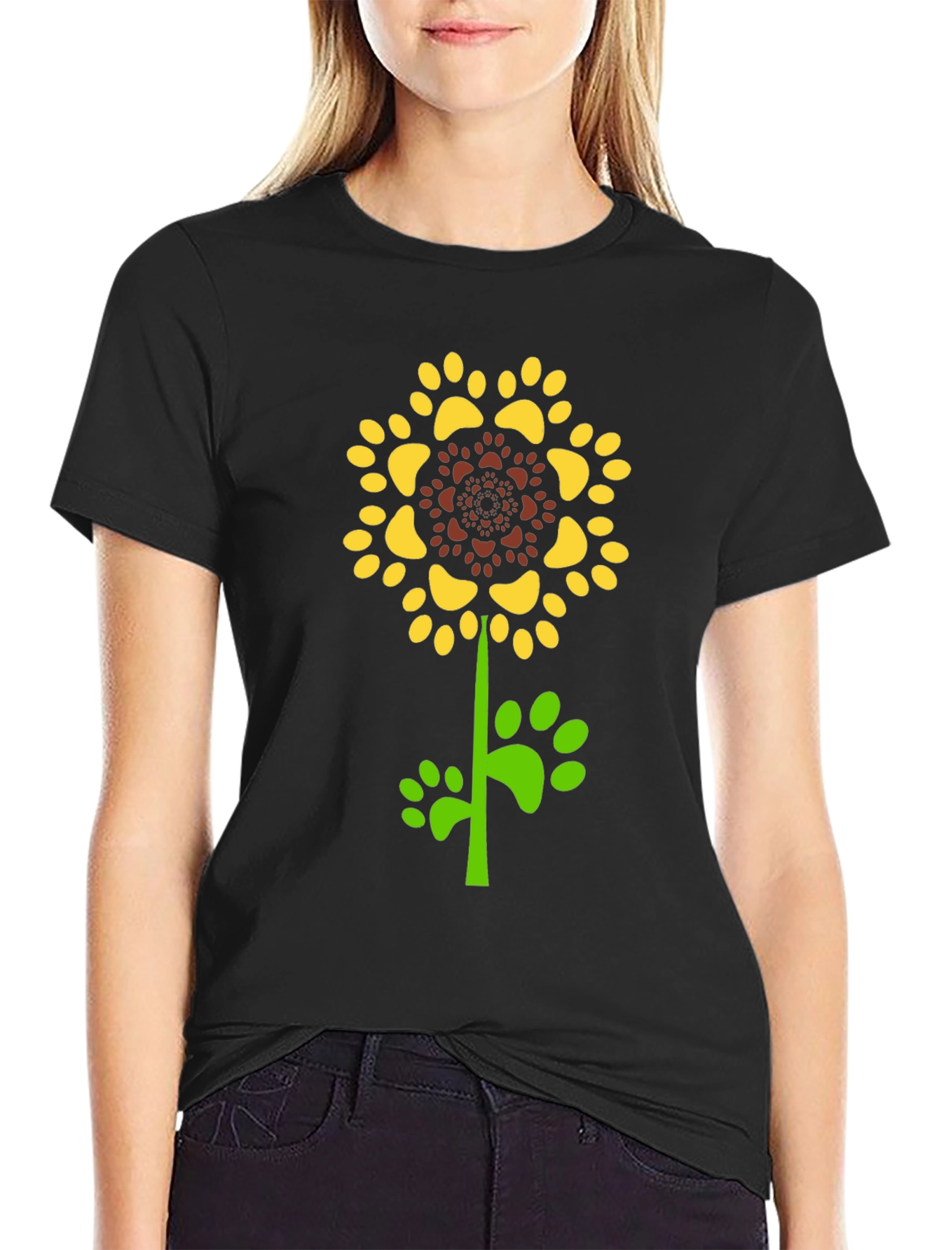 Paw Print Sunflower Black T-Shirt