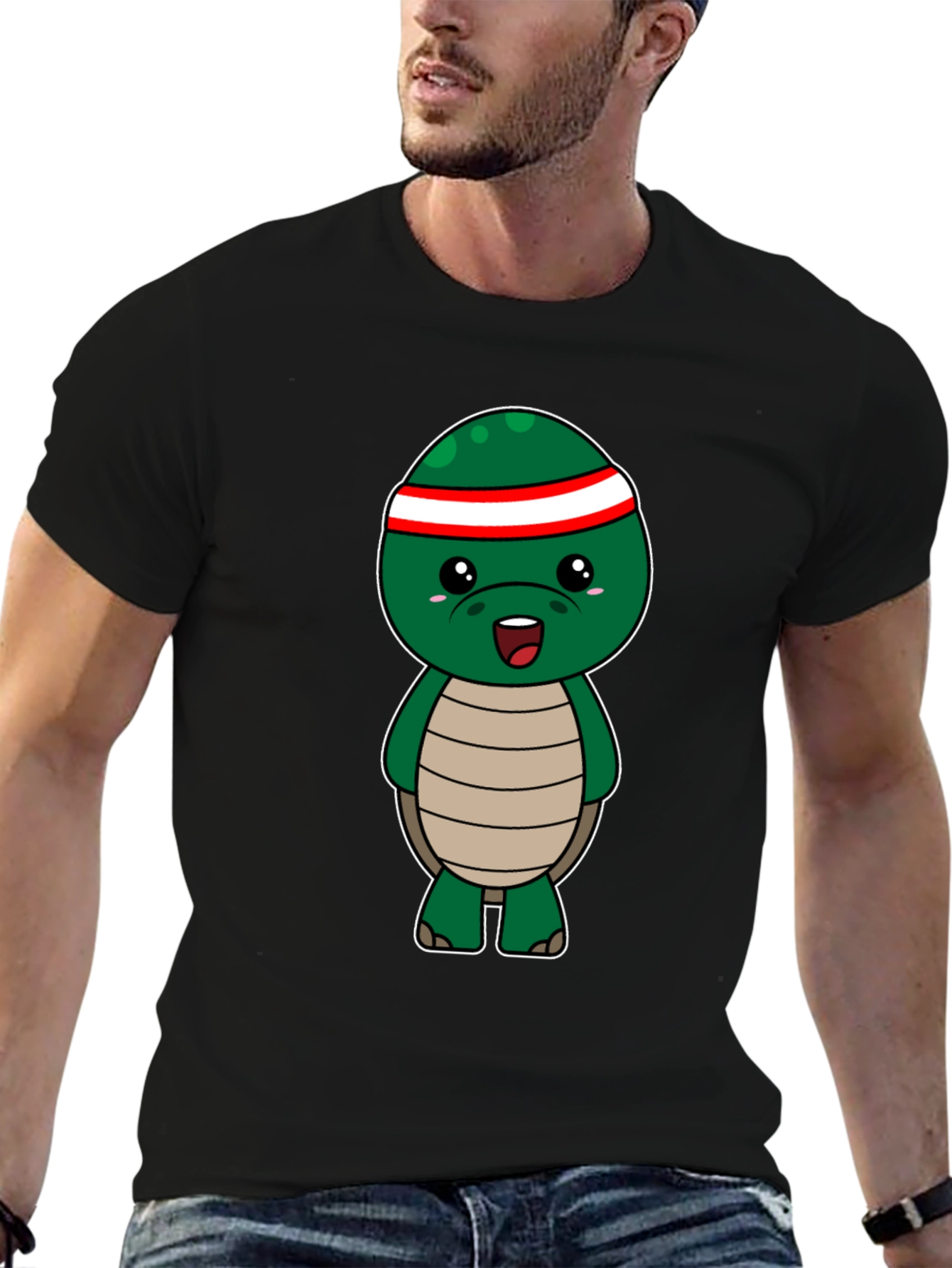Cute Turtle Graphic Tee - Black Cotton T-Shirt