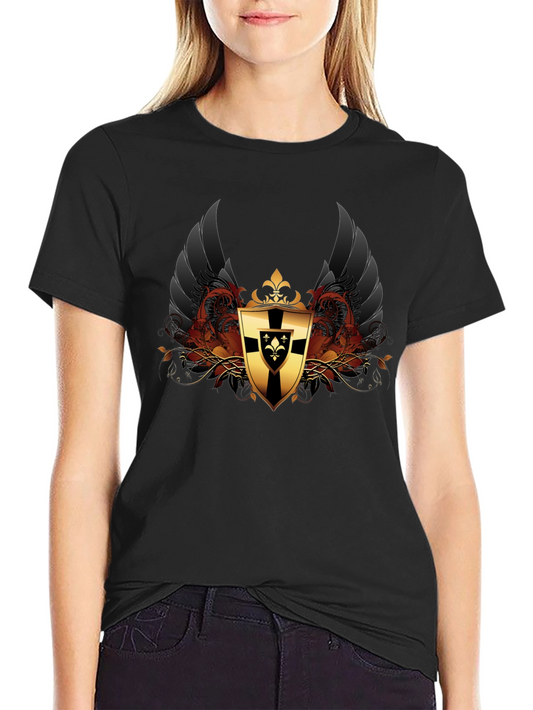 Black T-Shirt with Medieval Knight Shield Design