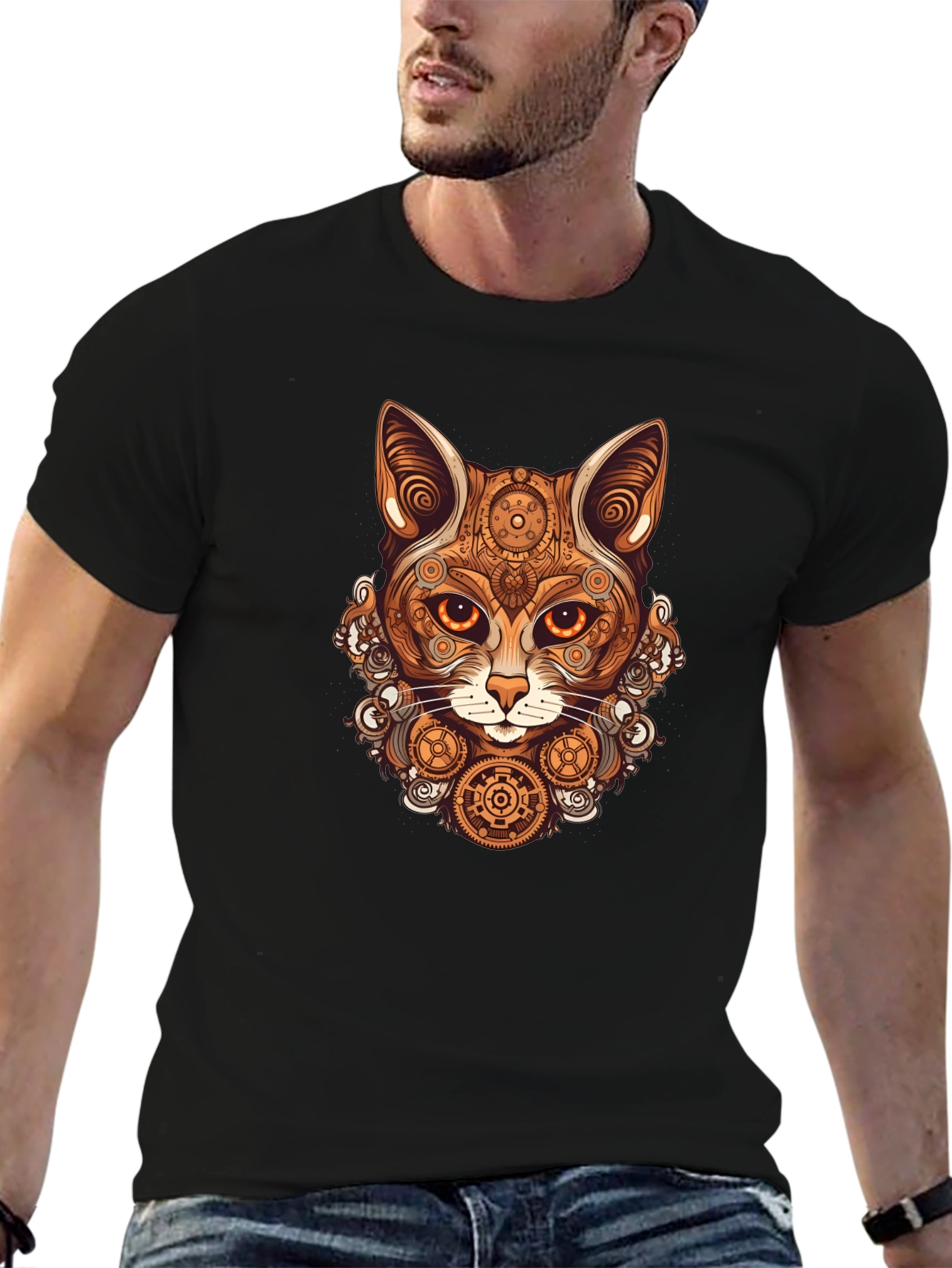 Steampunk Cat T-Shirt - Gearwork Feline Design