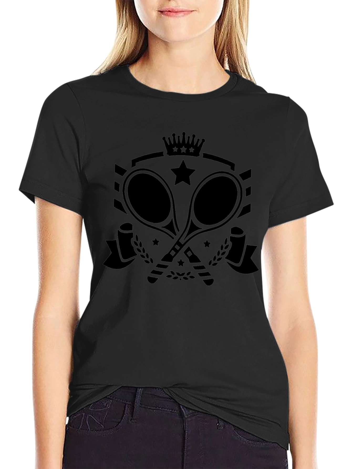 Tennis Racket Crown Star Graphic Tee - Black