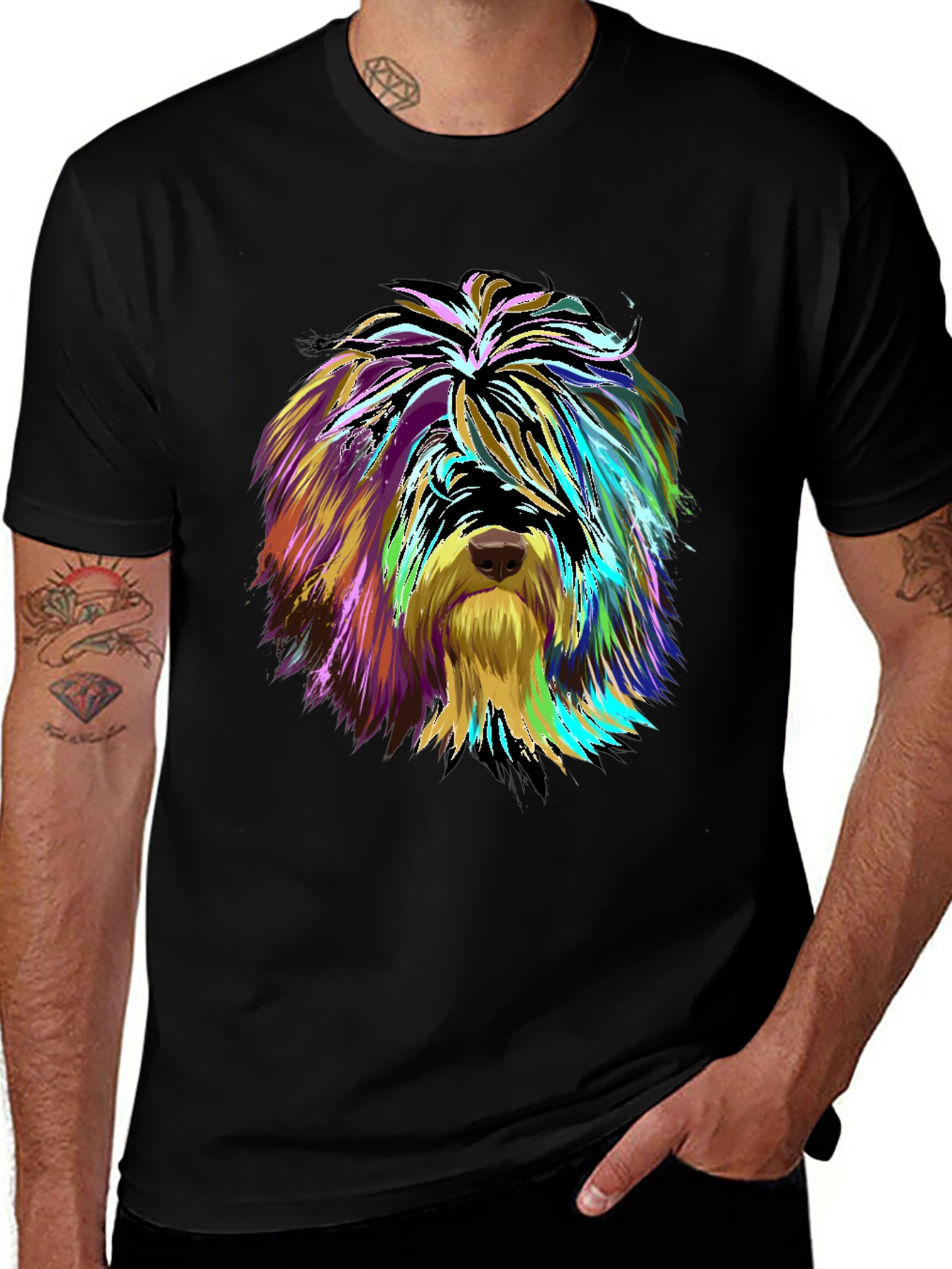 Vibrant Dog Art Graphic Tee - Unisex Black T-Shirt