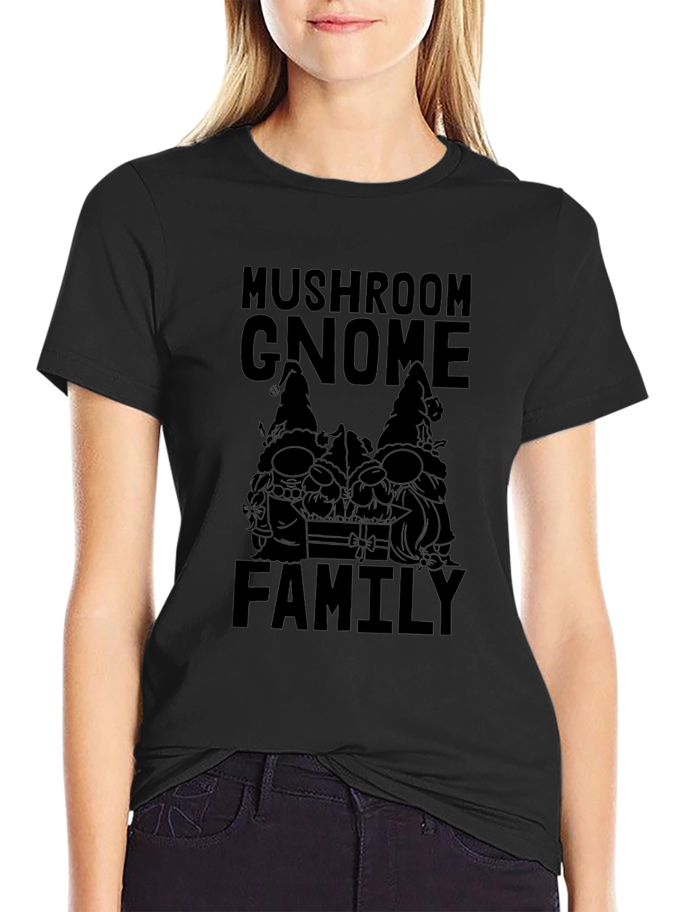Mushroom Gnome Family Black T-Shirt