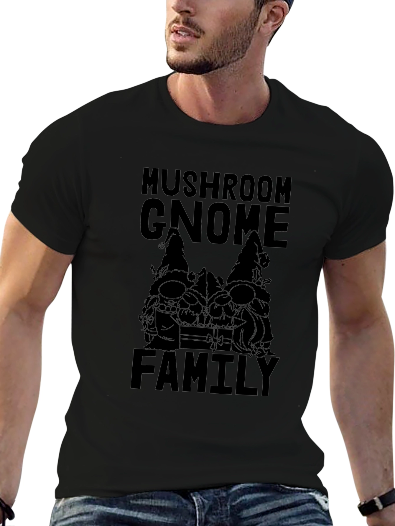 Mushroom Gnome Family Black T-Shirt