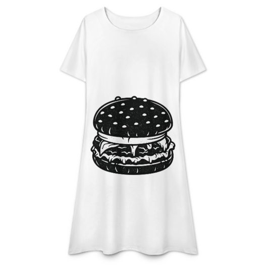 Vintage Burger Graphic Dress – Retro Fast Food Casual T-Shirt Dress for Women(z423)
