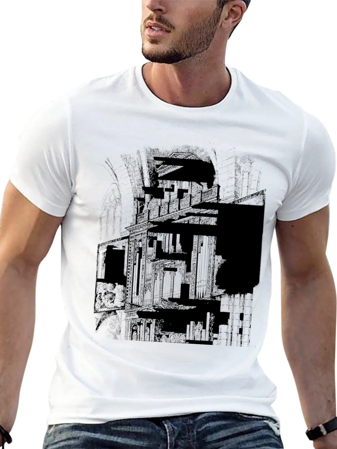 Abstract Building Graphic Print Mens Black T-Shirt