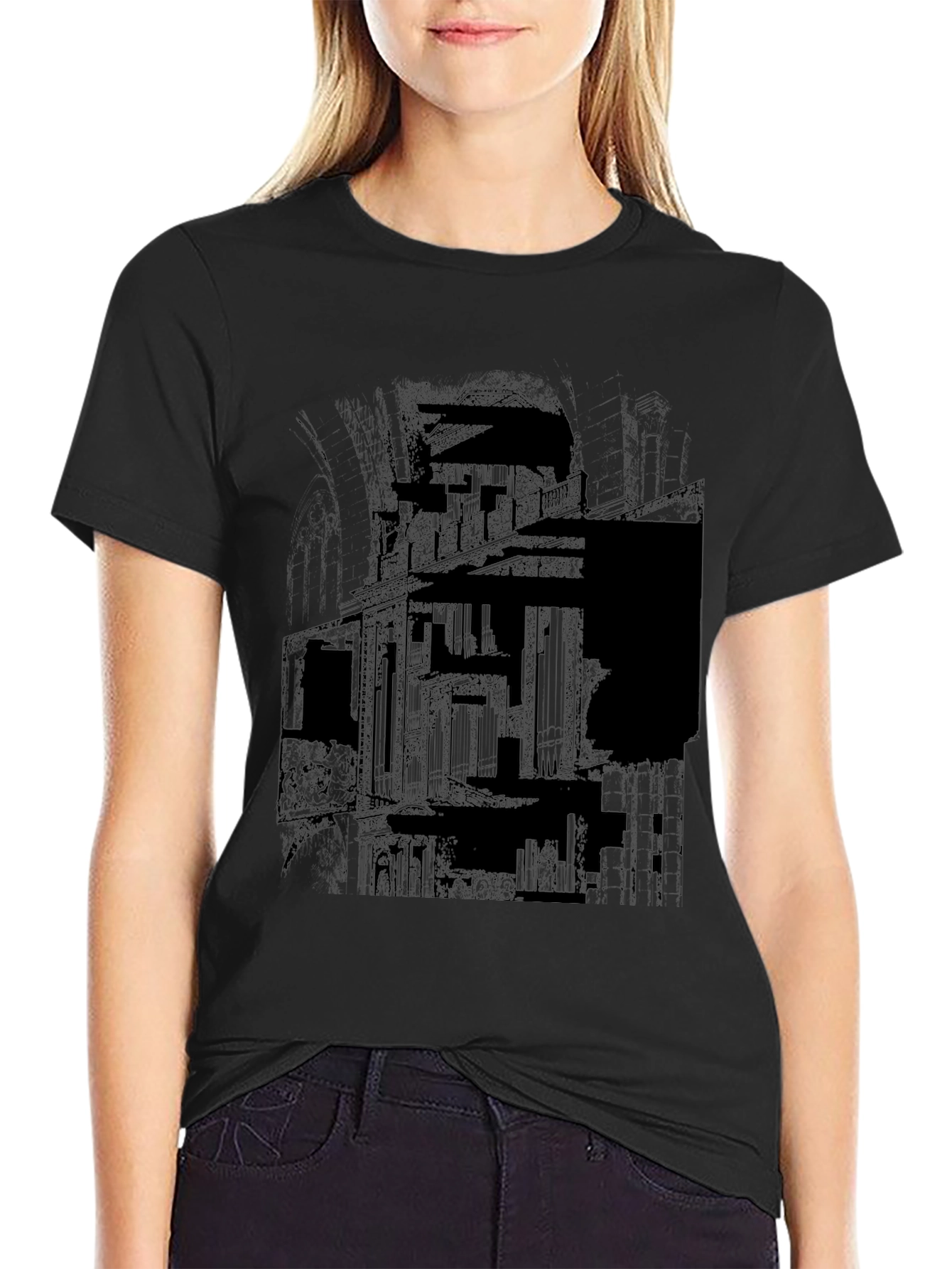 Abstract Building Graphic Print Mens Black T-Shirt