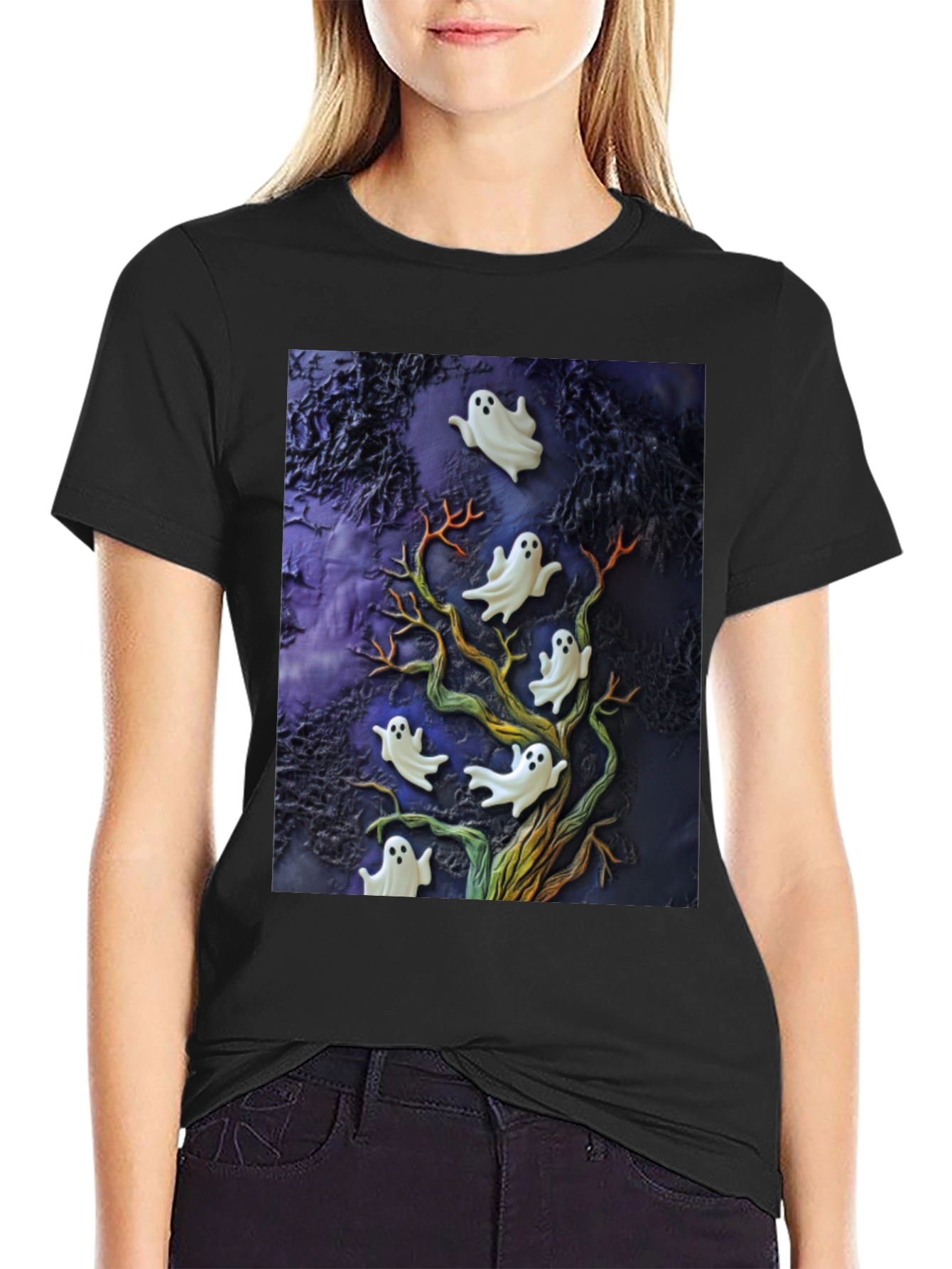 Spooky Ghost Tree Black T-Shirt