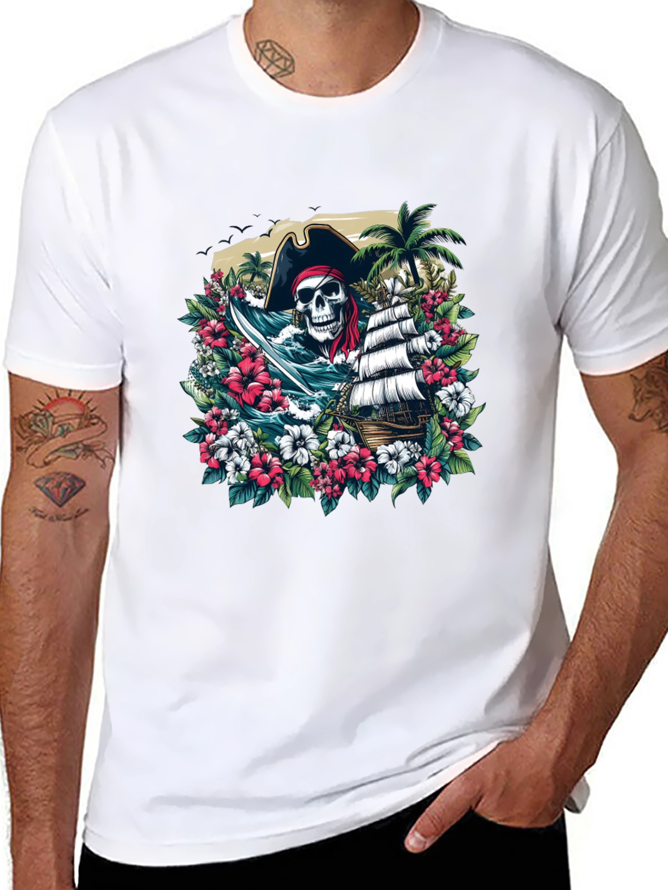 Pirate Skull Floral Graphic T-Shirt