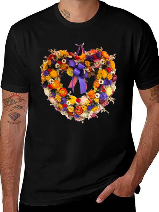 Floral Heart Wreath Graphic Tee - Black Unisex T-Shirt