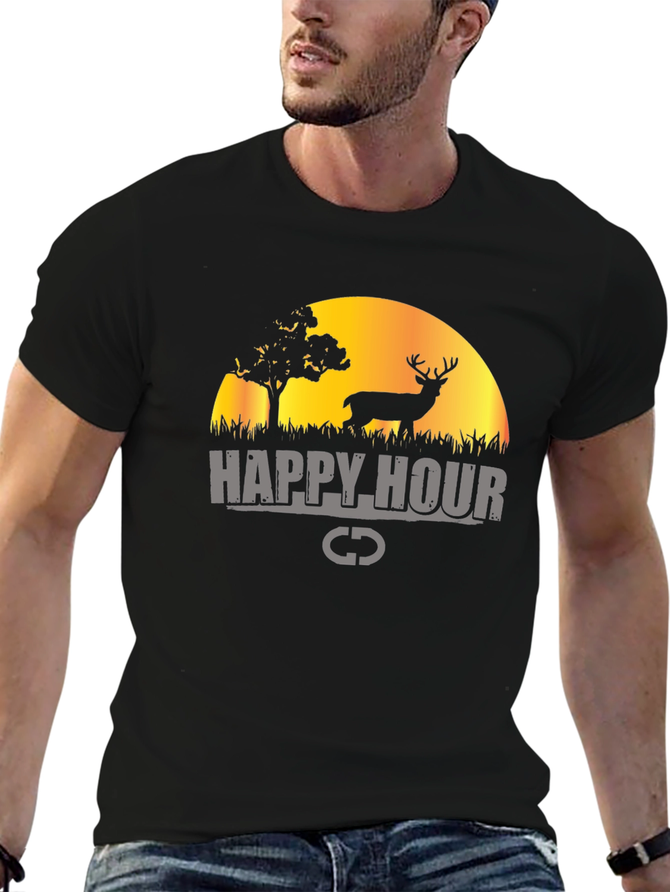 Happy Hour Deer Graphic Black T-Shirt