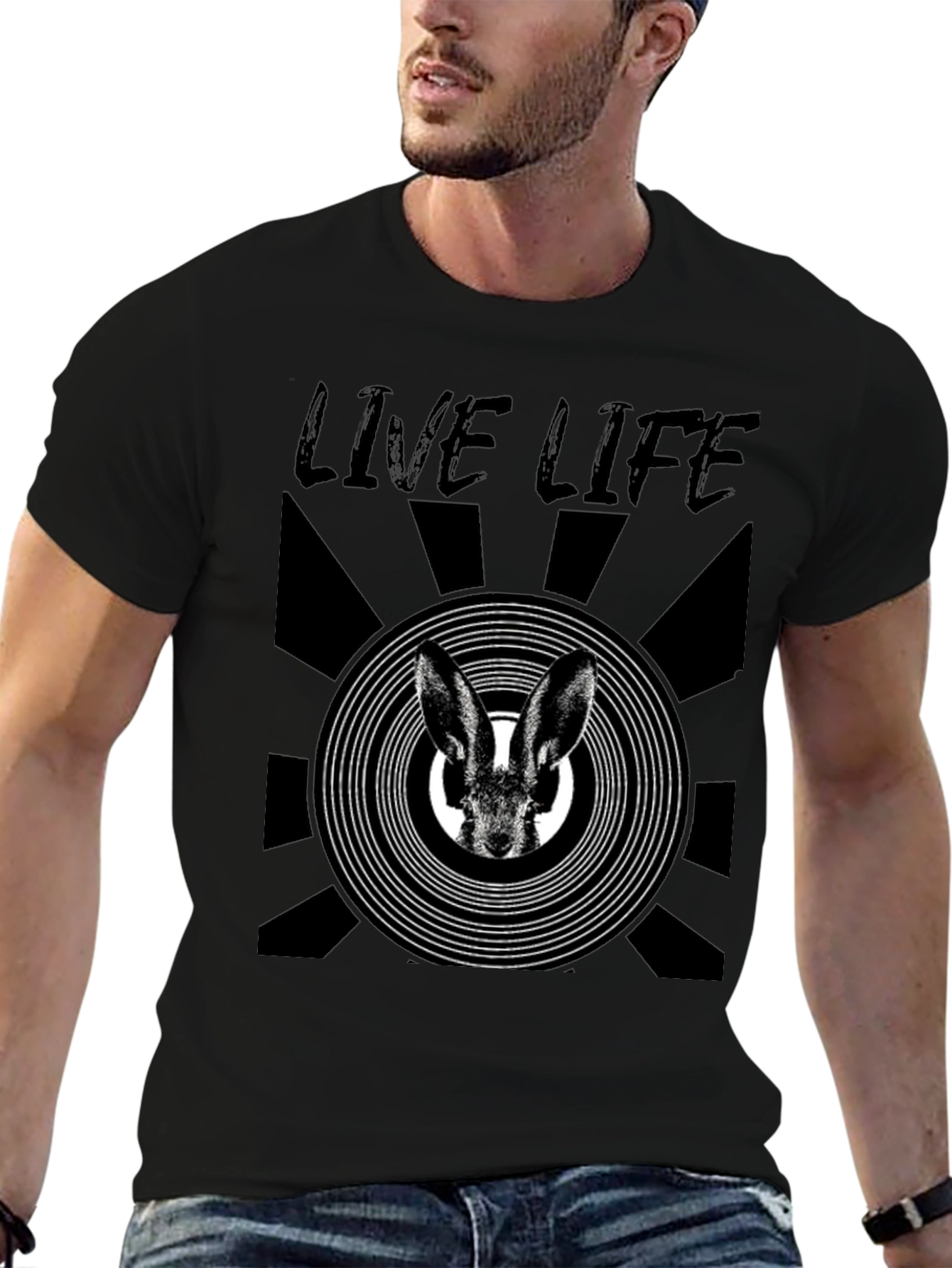 Live Life Rabbit Graphic Print Black T-Shirt
