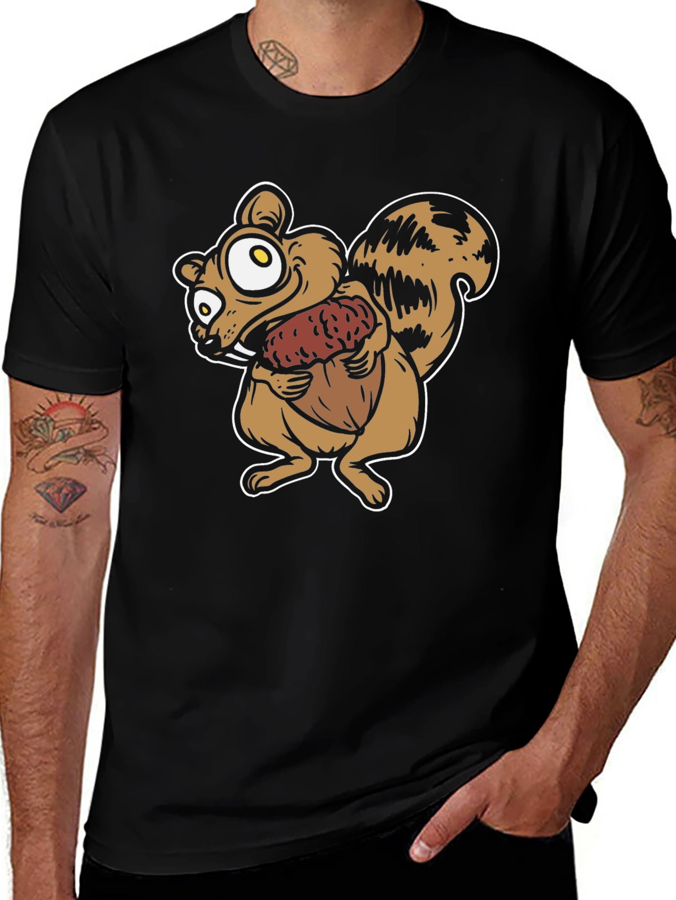 Cartoon Squirrel Holding Acorn Graphic T-Shirt