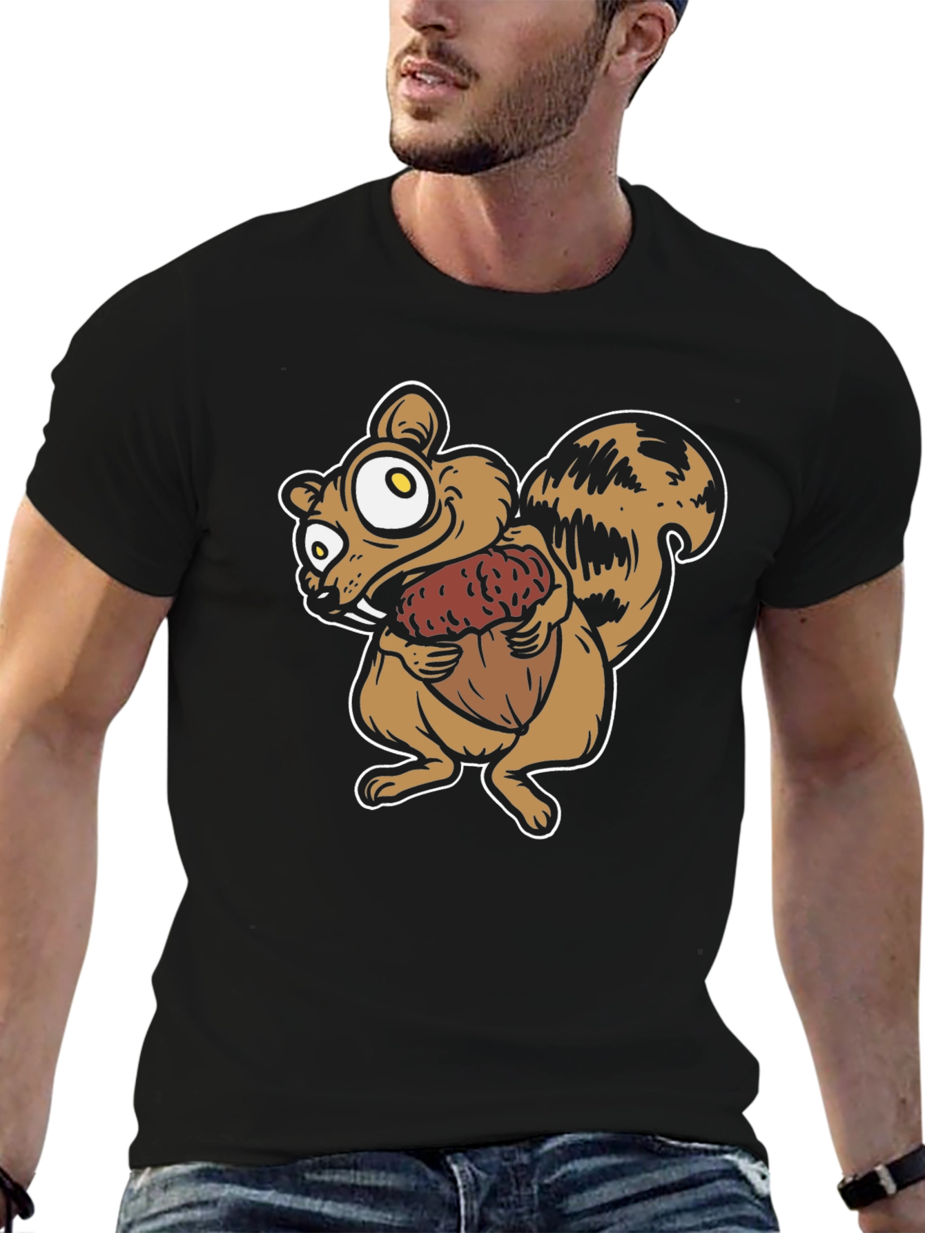 Cartoon Squirrel Holding Acorn Graphic T-Shirt