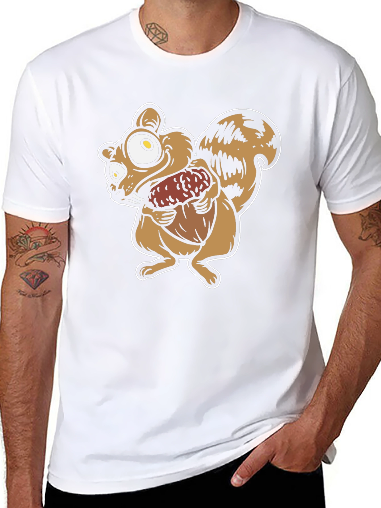 Cartoon Squirrel Holding Acorn Graphic T-Shirt