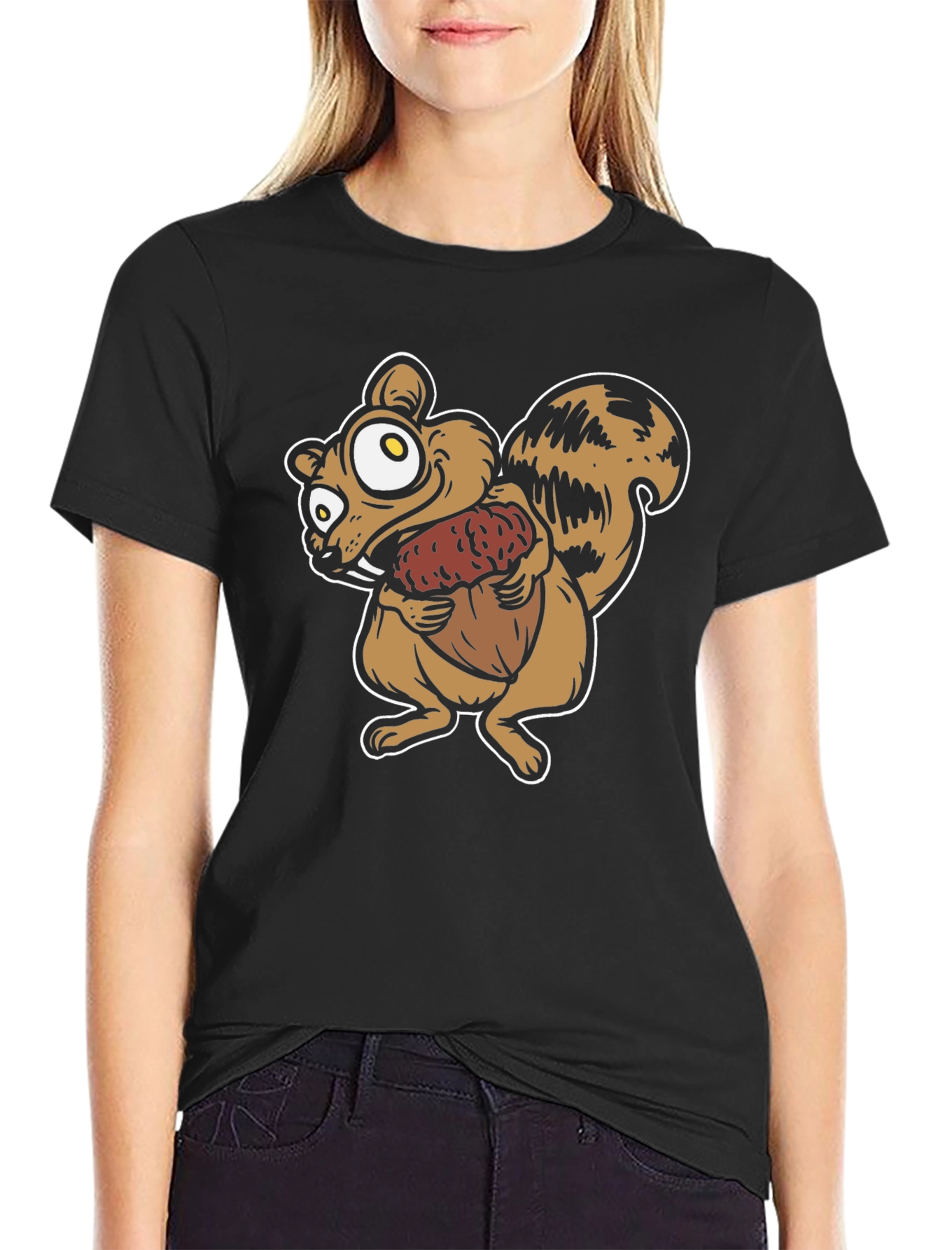 Cartoon Squirrel Holding Acorn Graphic T-Shirt