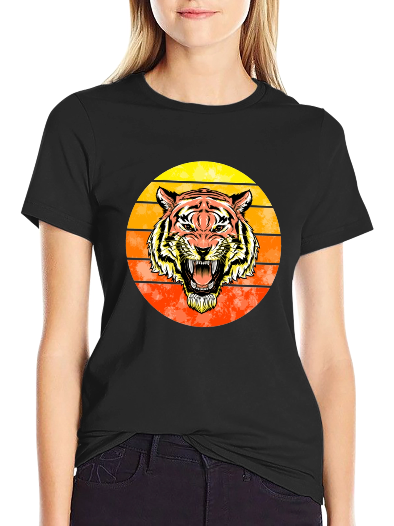 Tiger Sunset Graphic Tee - Black Cotton Comfort