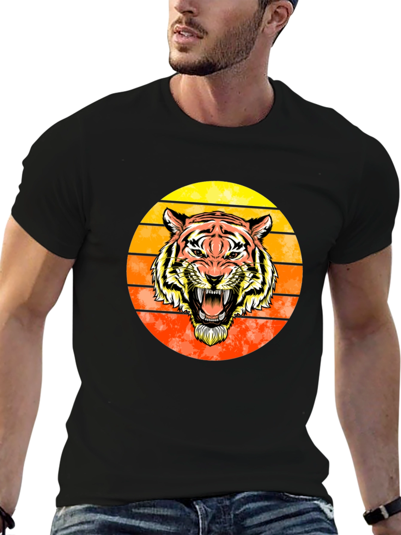 Tiger Sunset Graphic Tee - Black Cotton Comfort