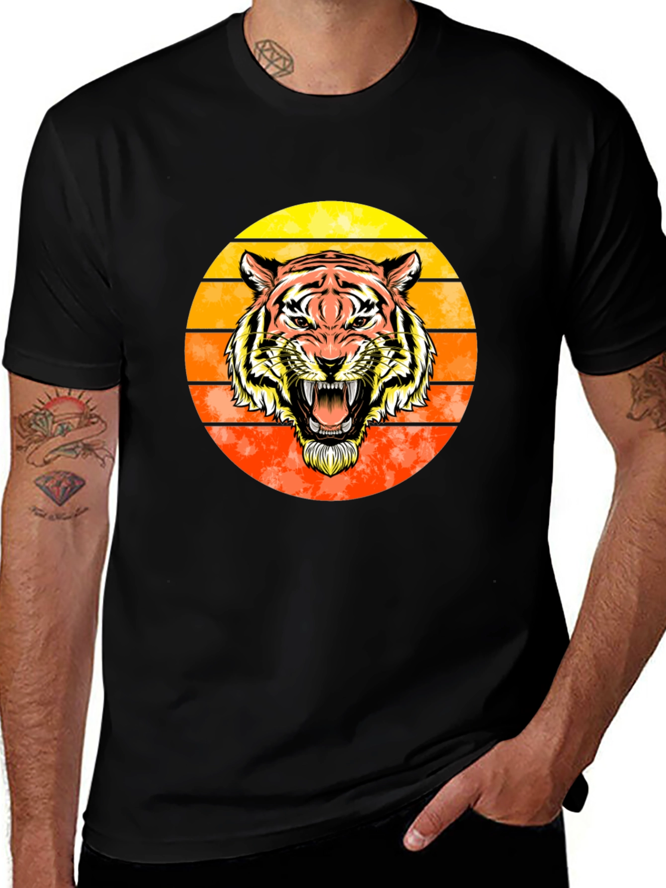 Tiger Sunset Graphic Tee - Black Cotton Comfort