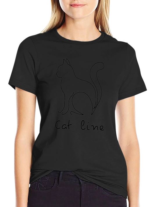 Cat Line Art Black T-Shirt - Minimalist Design