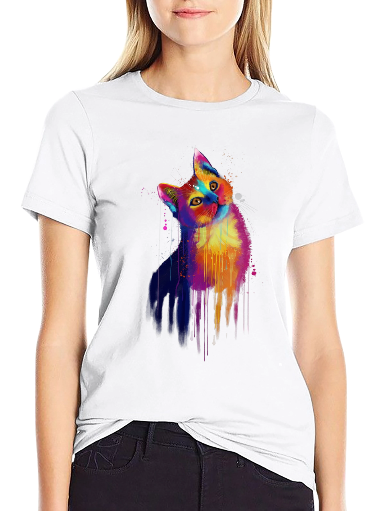 Vibrant Cat Graphic Black T-Shirt
