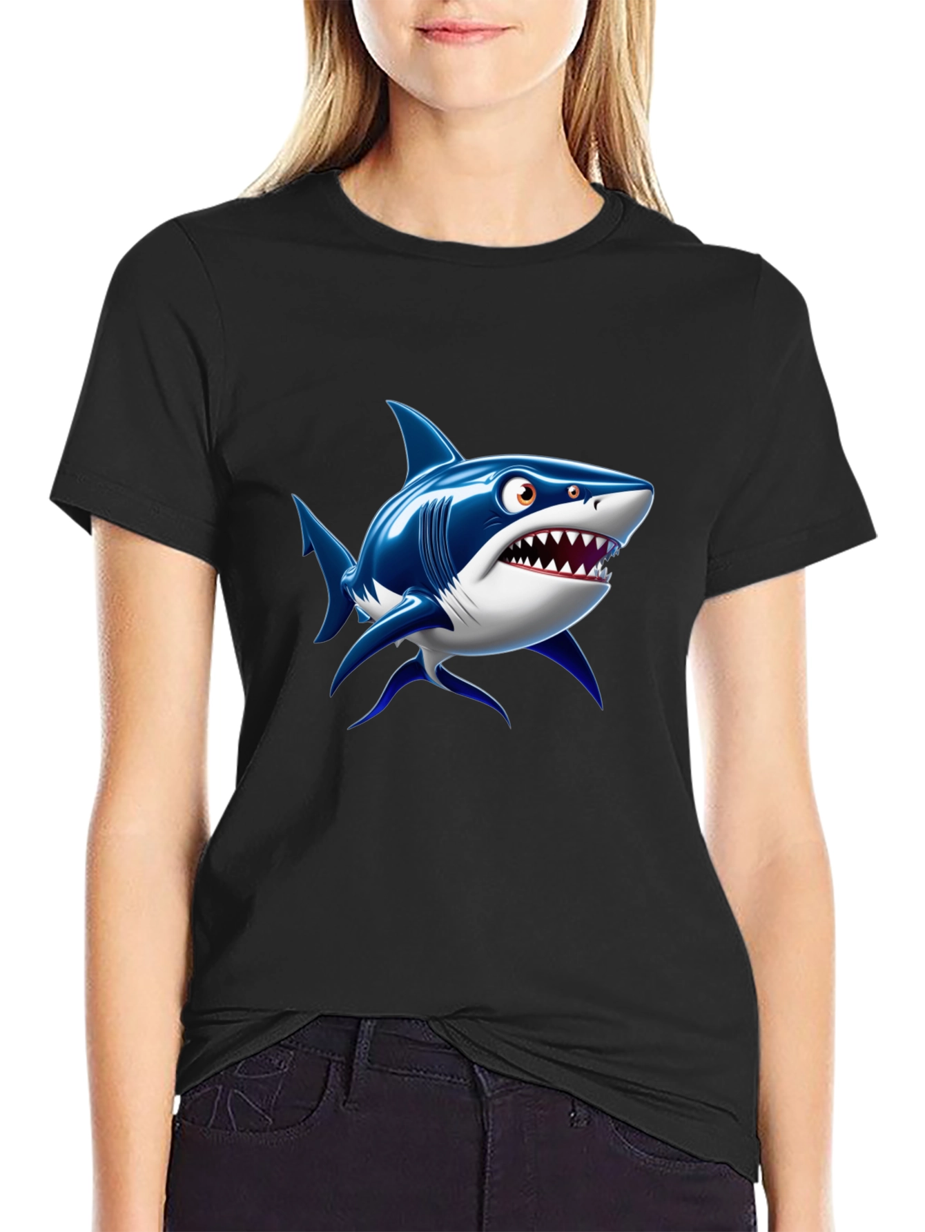 Shark Cartoon Graphic Black T-Shirt