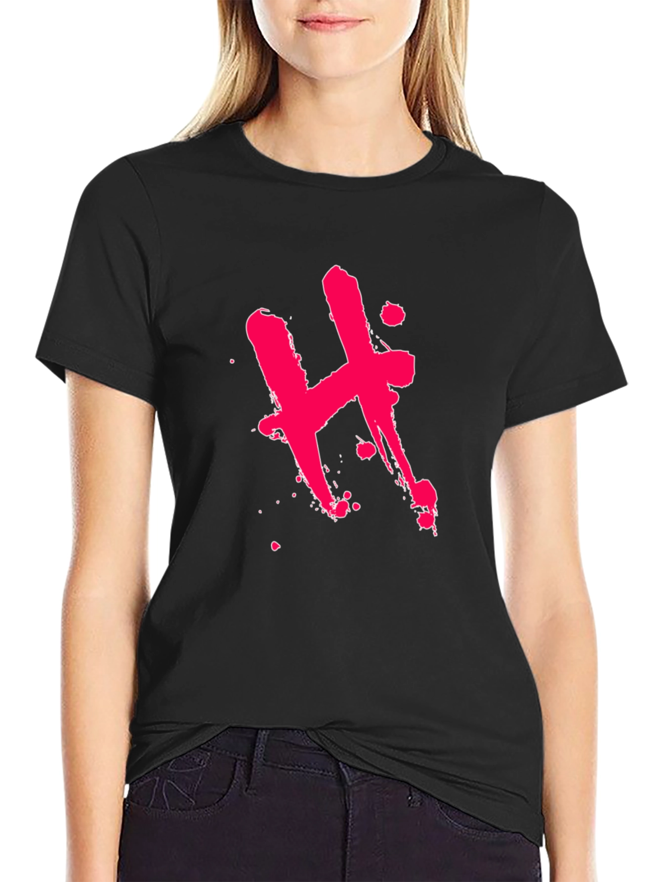 Edgy Black T-Shirt with Pink H Design