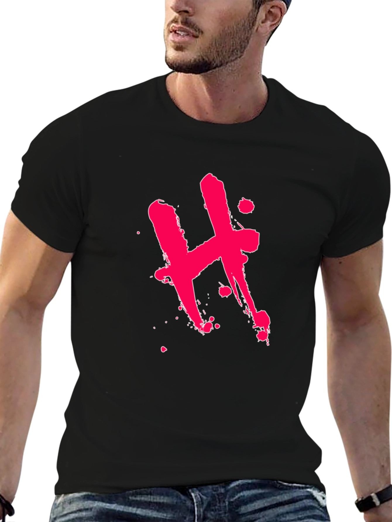Edgy Black T-Shirt with Pink H Design