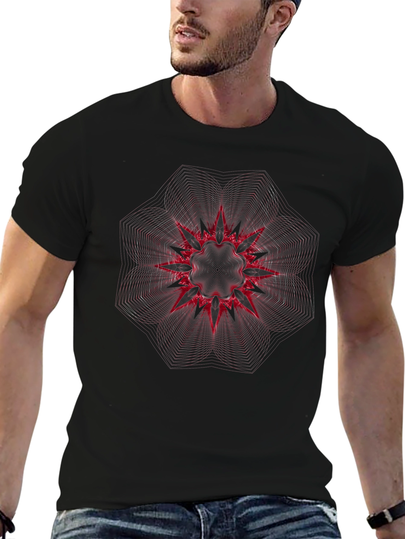 Abstract Red Starburst Graphic Black T-Shirt