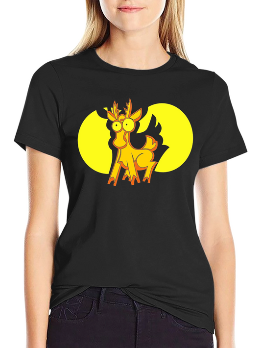 Funny Cartoon Deer Graphic T-Shirt - Black