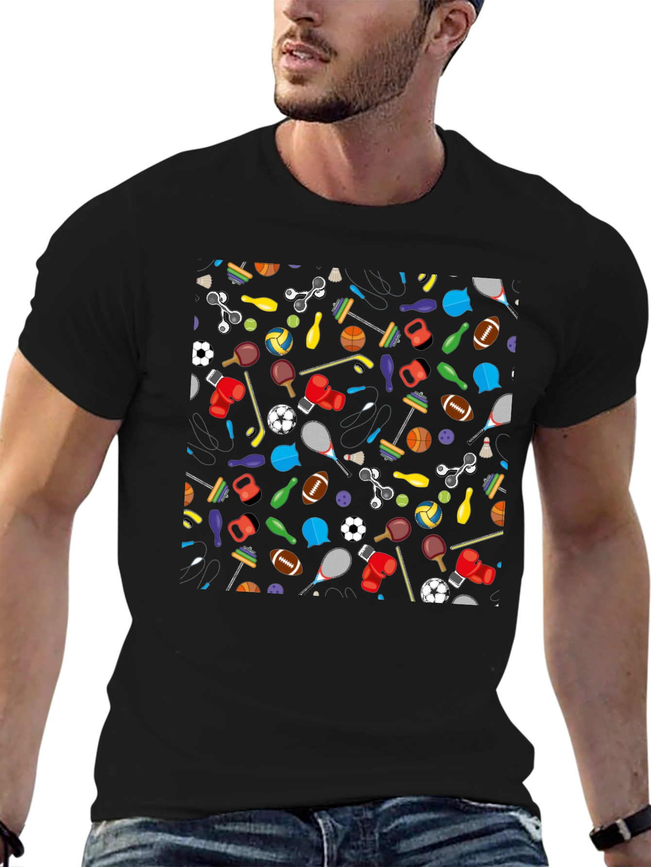Fun Sports Pattern Black T-Shirt