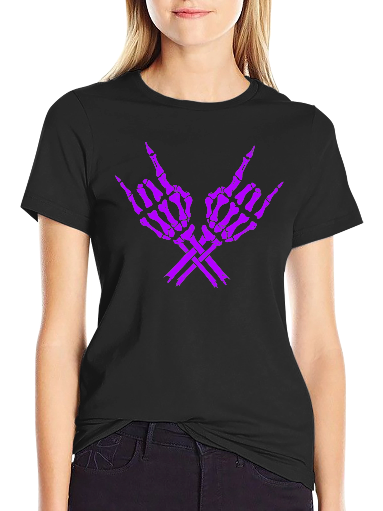 Rock On Skeleton Hand Graphic Tee - Black