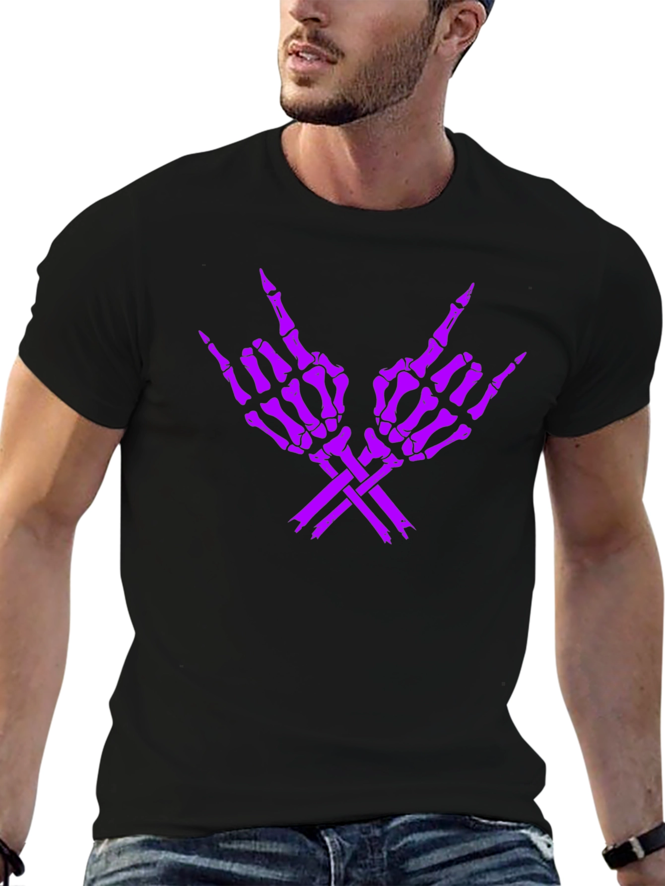 Rock On Skeleton Hand Graphic Tee - Black