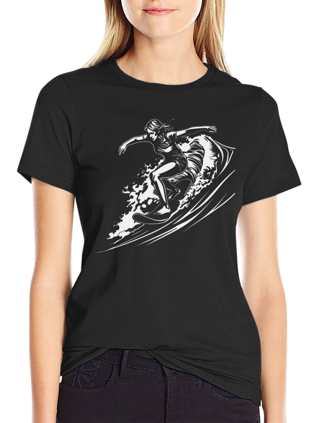 Surfer Girl Graphic Tee - Black Cotton Comfort
