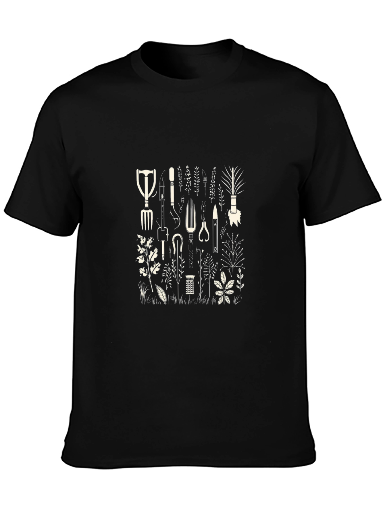 Gardening Tools Print Black T-Shirt